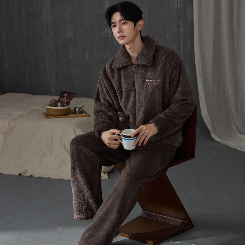 Thicken Men Pajamas Set 겨울 솔리드 - Flannel Shirt Lined 리뷰 및 가격