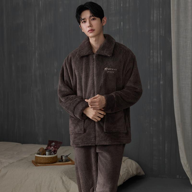 Thicken Men Pajamas Set 겨울 솔리드 - Flannel Shirt Lined 리뷰 및 가격